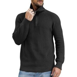 Mens‎ Black Cotton Blend Quarter Zip Mock Neck Pullover Knit Sweater